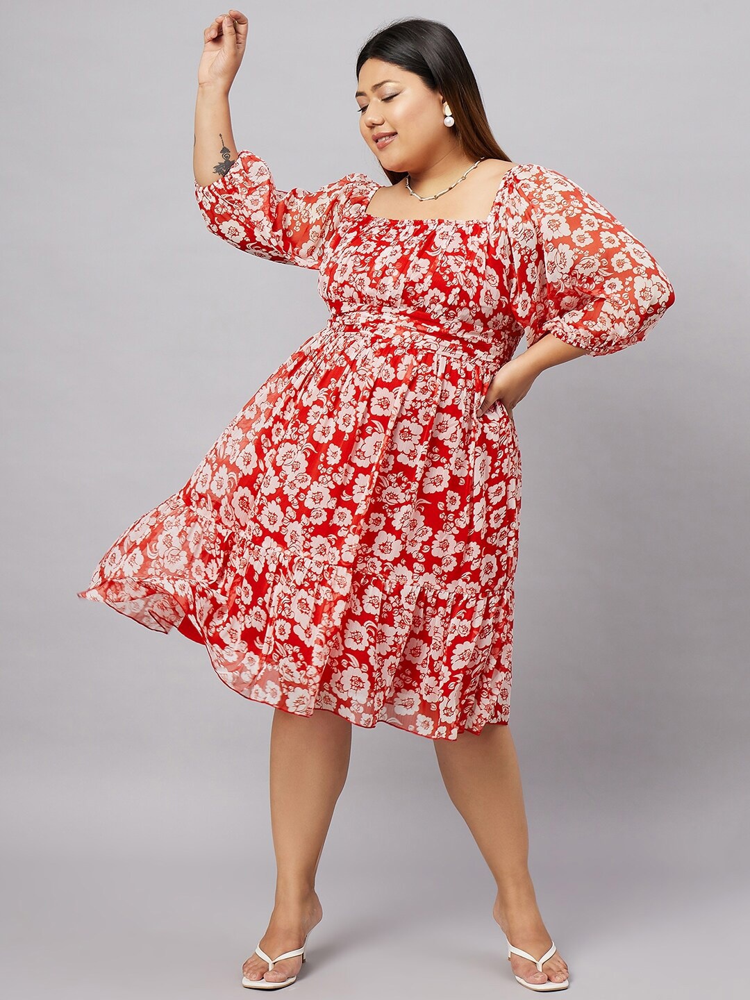 

Antheaa Curve Plus Size Floral Printed Puff Sleeves Fit & Flare Dress, Red