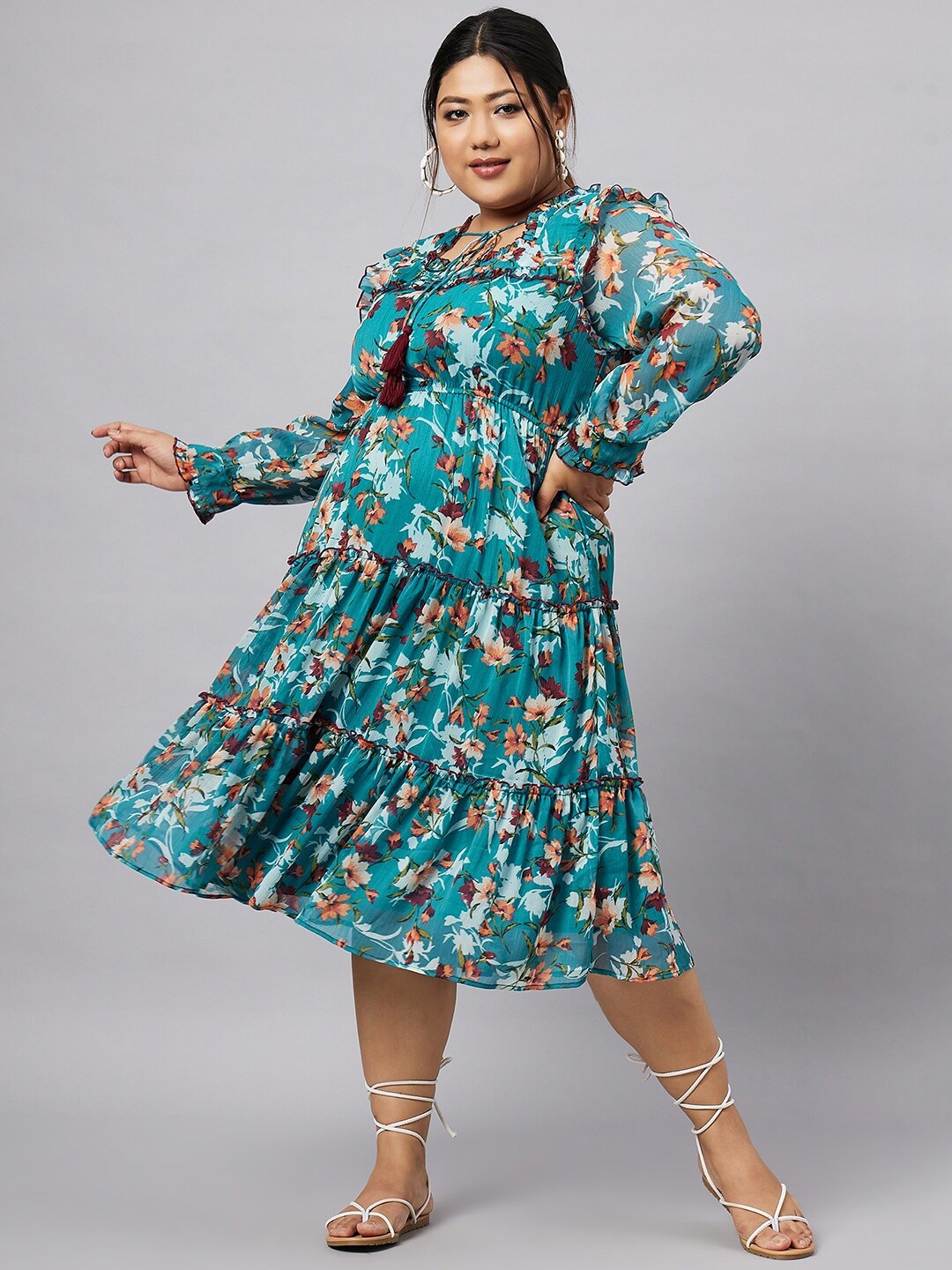 

Antheaa Curve Plus Size Floral Printed Chiffon Fit and Flare Tiered Midi Dress, Teal