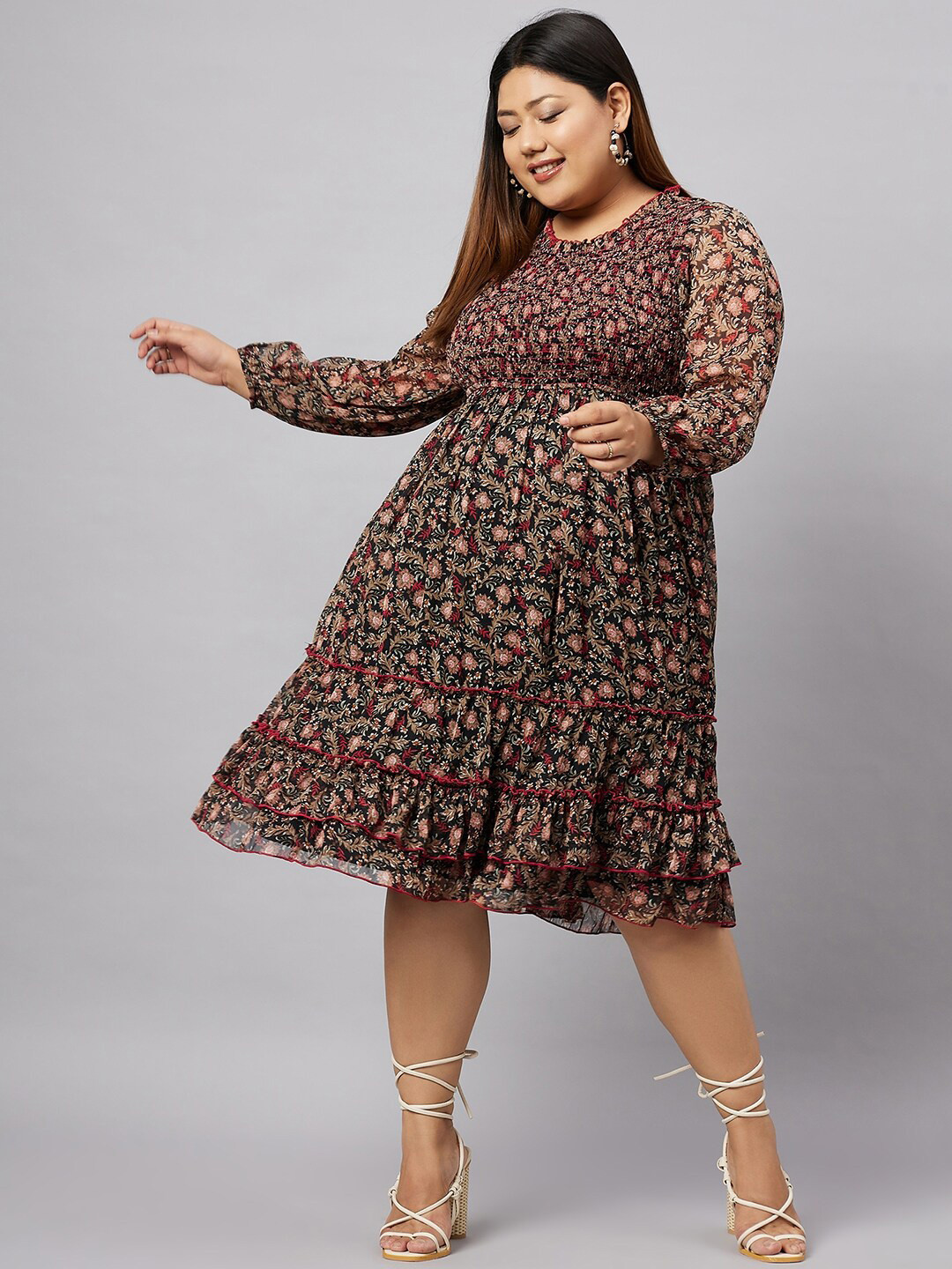 

Antheaa Curve Plus Size Floral Printed Puff Sleeves Tiered Chiffon A-Line Dress, Black