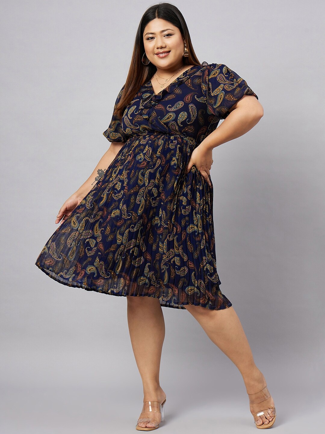 

Antheaa Curve Plus Size Ethnic Motifs Printed Puff Sleeves Empire Dress, Blue
