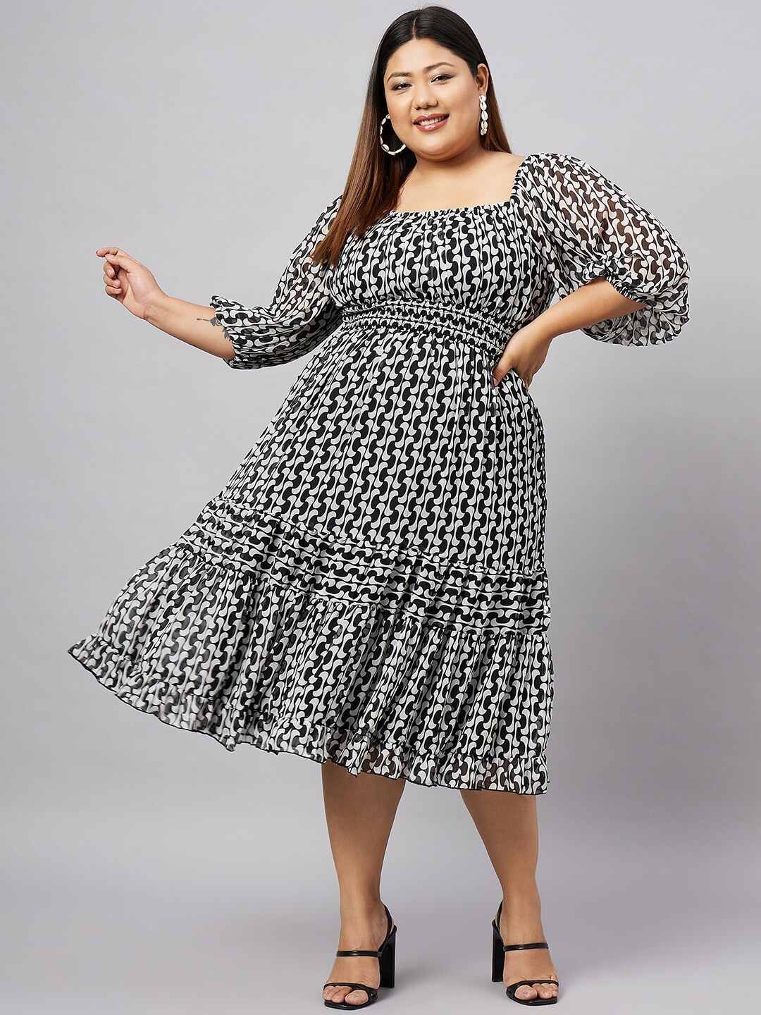 

Antheaa Curve Plus Size Geometric Printed Puff Sleeves Fit & Flared Midi Dress, Black