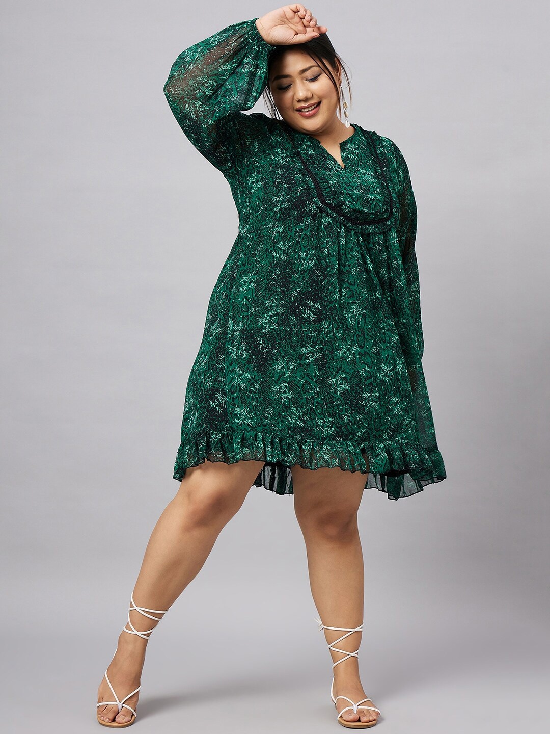 

Antheaa Curve Plus Size Floral Printed Lace Inserts Detail Chiffon A-Line Dress, Green
