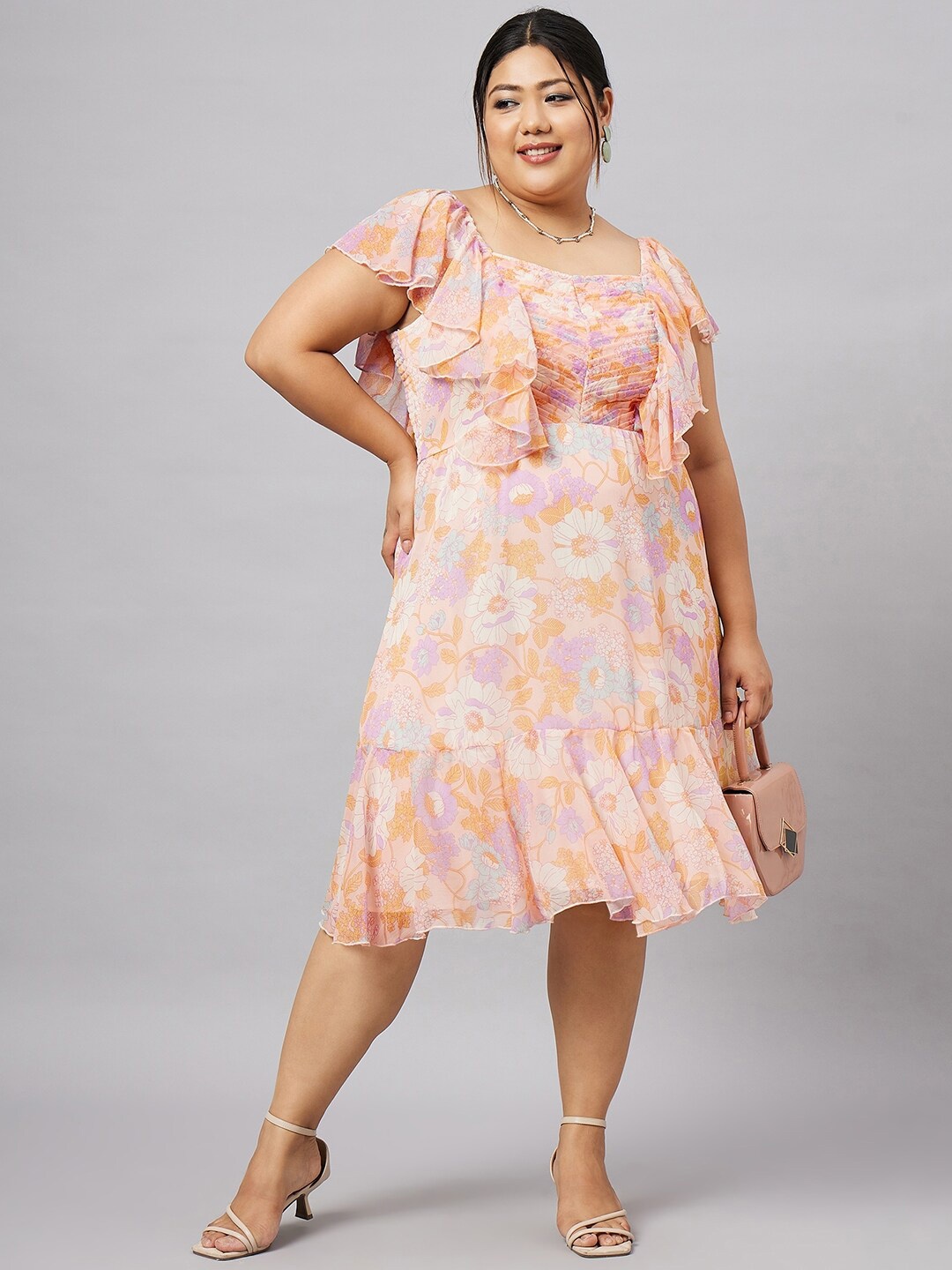 

Antheaa Curve Plus Size Floral Printed Square Neck Ruffles Chiffon A-Line Dress, Off white