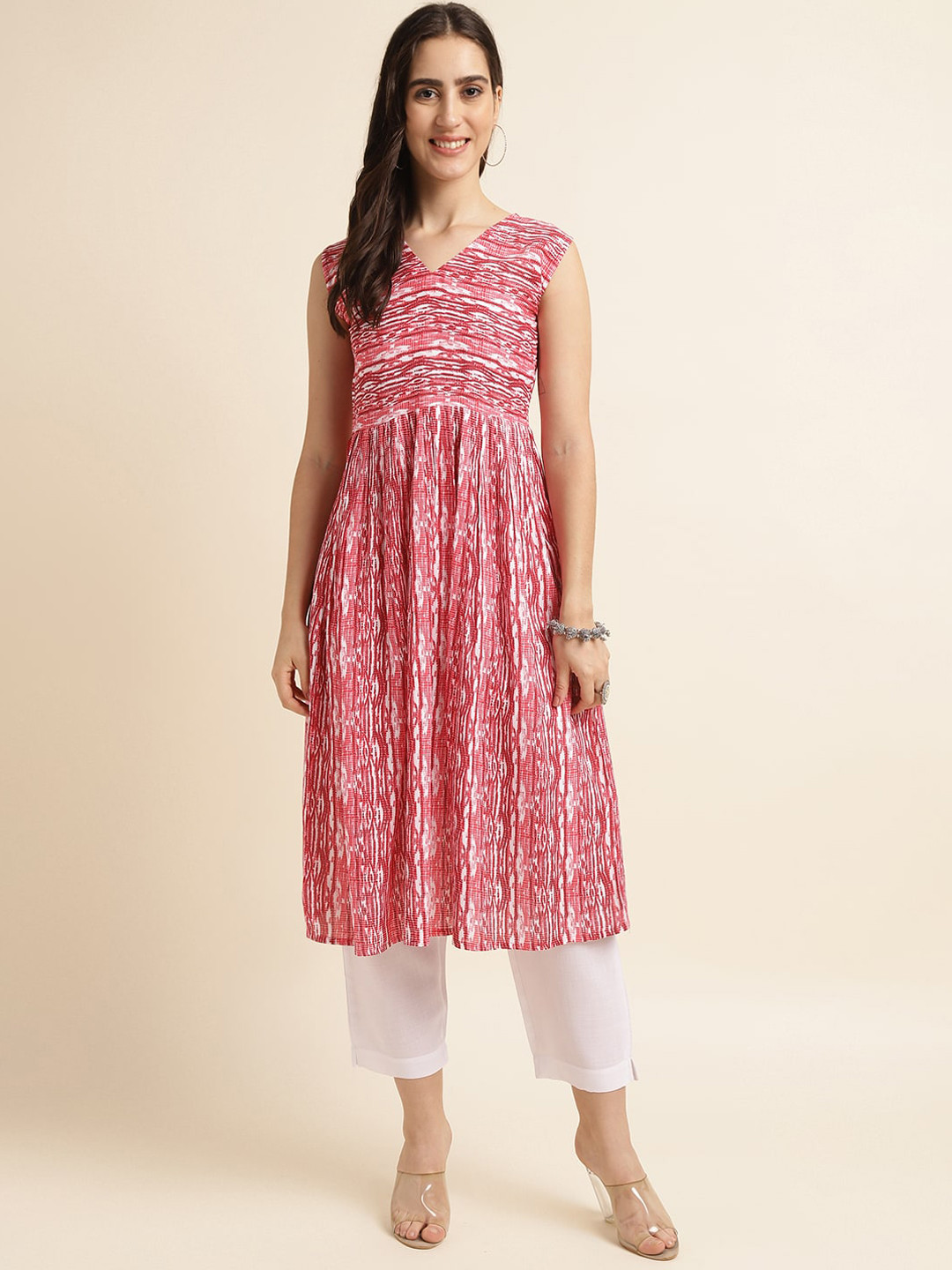 

Fabclub Abstract Embroidered Thread Work A-Line Kurta, Red