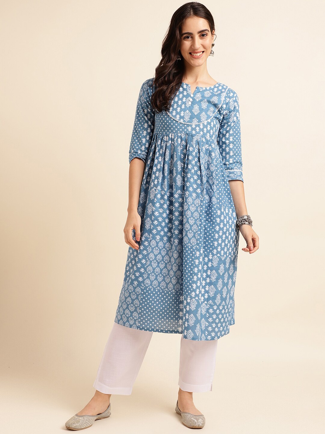 

Fabclub Ethnic Motifs Printed Pleated Dobby Cotton Empire Kurta, Blue