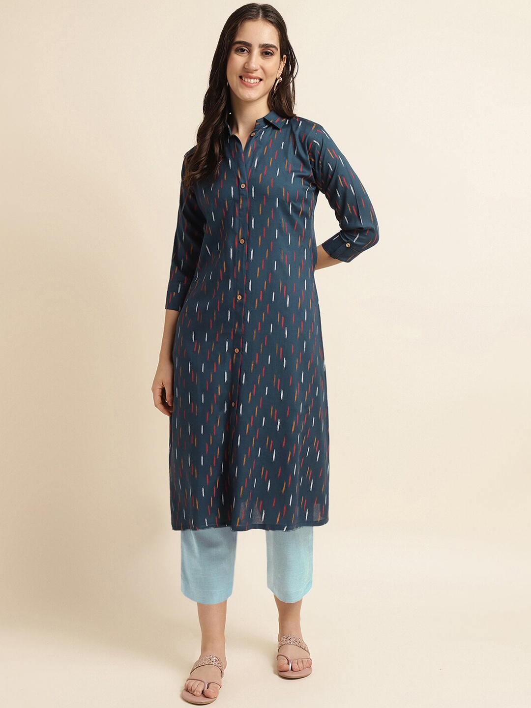 

Fabclub Geometric Printed Shirt Collar Straight Kurta, Teal