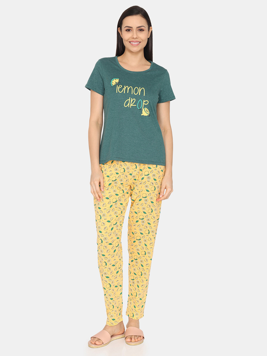

Rosaline by Zivame Typography Printed Round Neck Night suit, Yellow