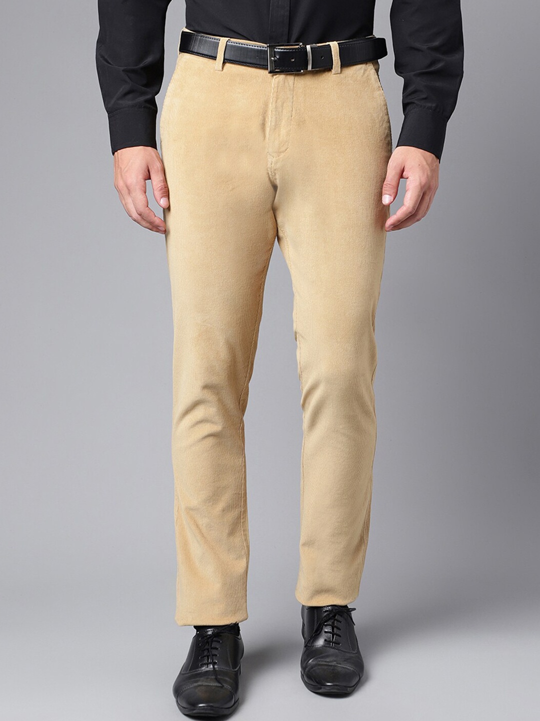 

Hancock Men Solid Corduroy Slim Fit Formal Trousers, Khaki