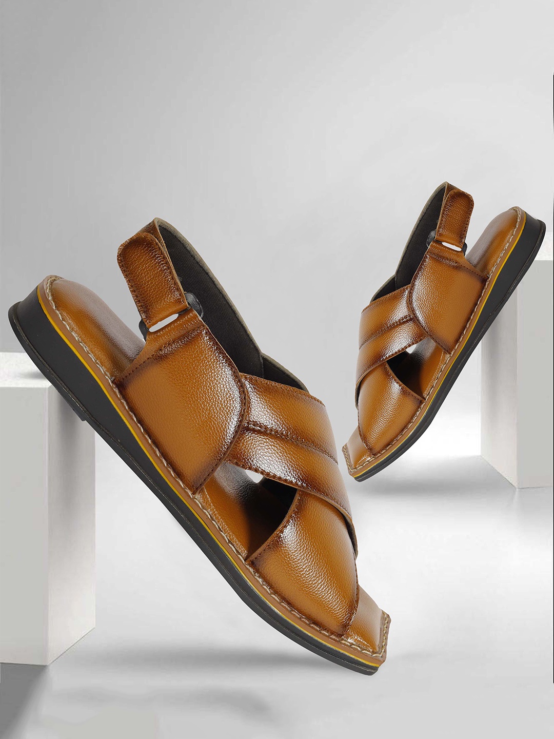 

FOUR STAR TRUCK SALES Men Cross Strap Comfort Sandals With Velcro Closure, Tan