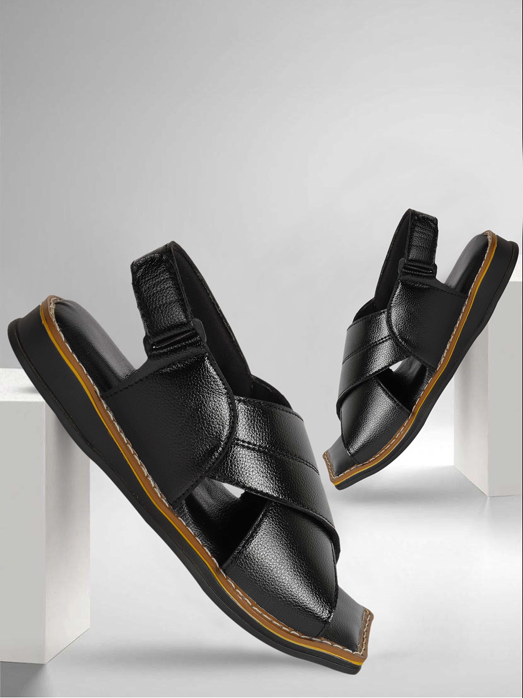 

FOUR STAR TRUCK SALES Men Cross Strap Comfort Sandals With Velcro Closure, Black
