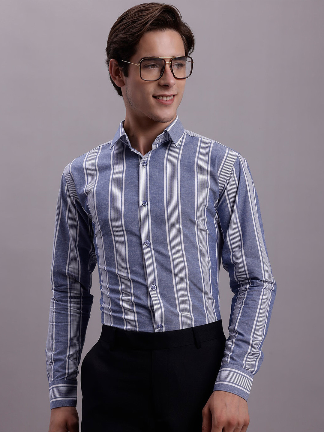 

JAINISH Classic Striped Opaque Pure Cotton Formal Shirt, Blue