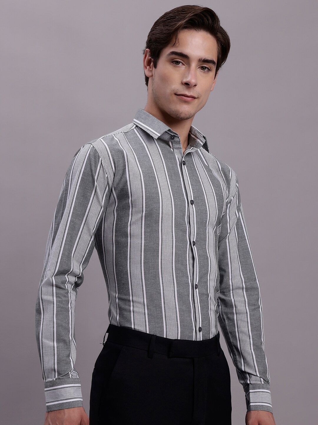 

JAINISH Classic Vertical Stripes Opaque Pure Cotton Casual Shirt, Grey