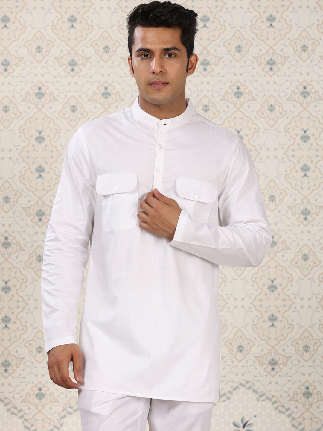 Ode by House of Pataudi Band Collar Pure Cotton short Kurta, White