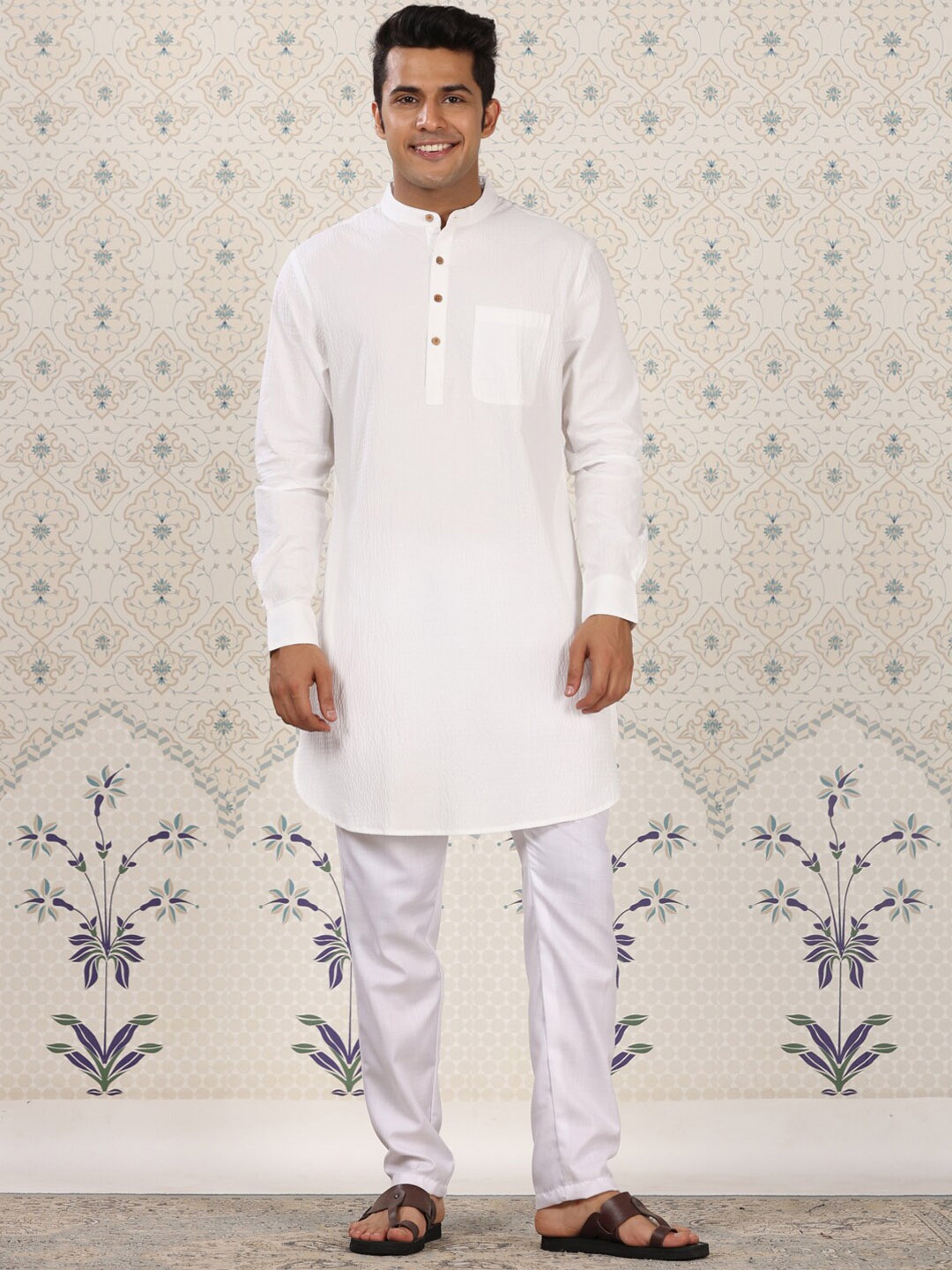 

Ode by House of Pataudi Band Collar Pure Cotton Straight Kurta, White