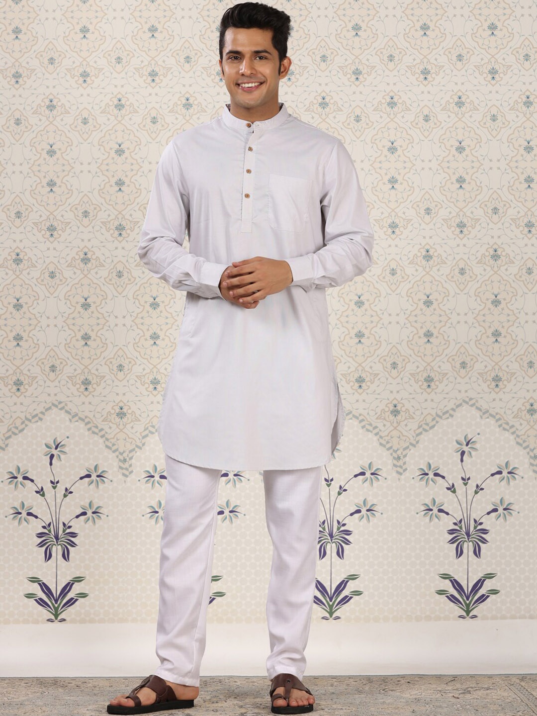 

Ode by House of Pataudi Band Collar Straight Pure Cotton Kurta, Grey