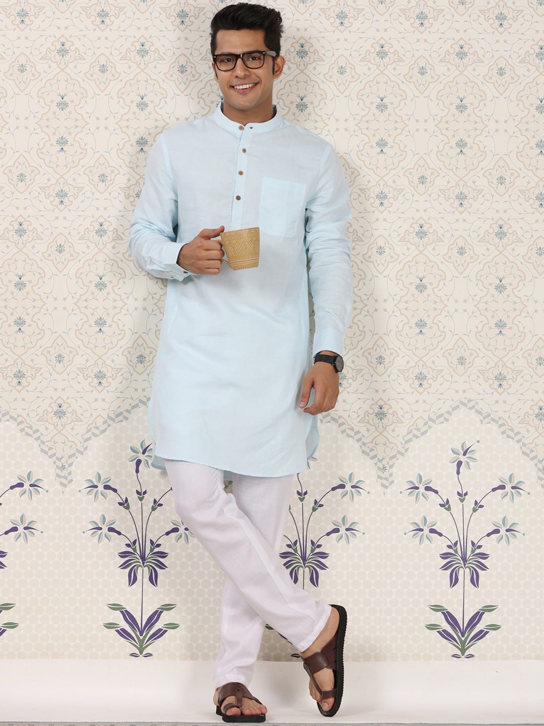 

Ode by House of Pataudi Band Collar Straight Pure Cotton Kurta, Blue