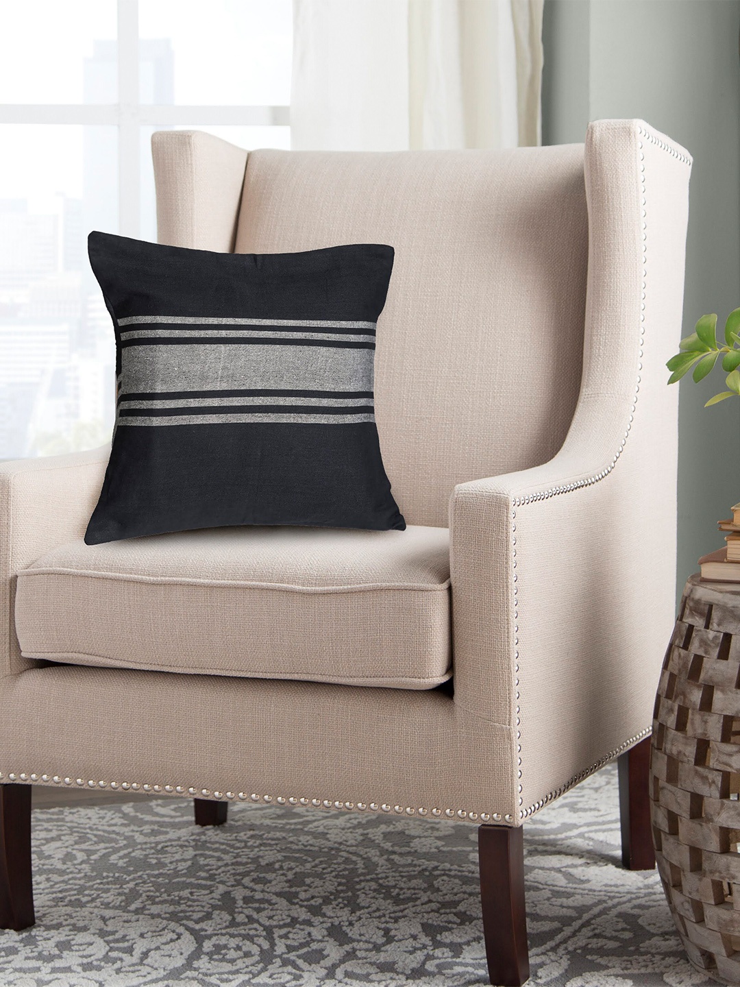 

ArtEastri Black & Silver-Toned Striped Cotton Square Cushion Covers