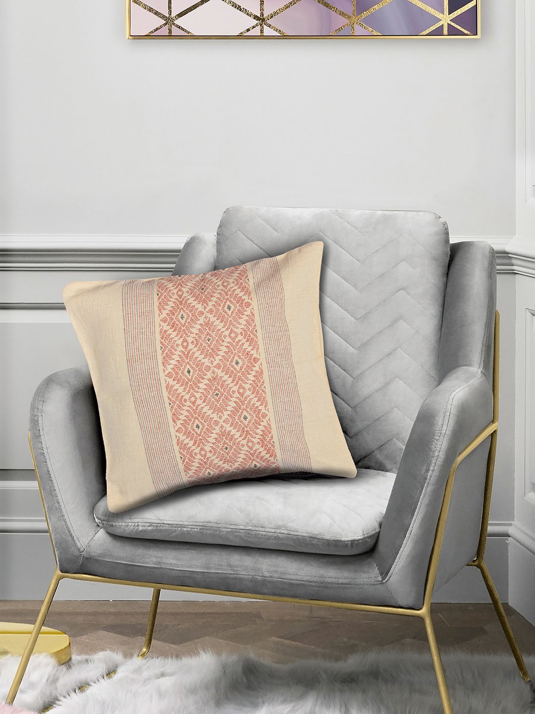 

ArtEastri Beige & Peach Colored Assamese Cotton Square Cushion Cover