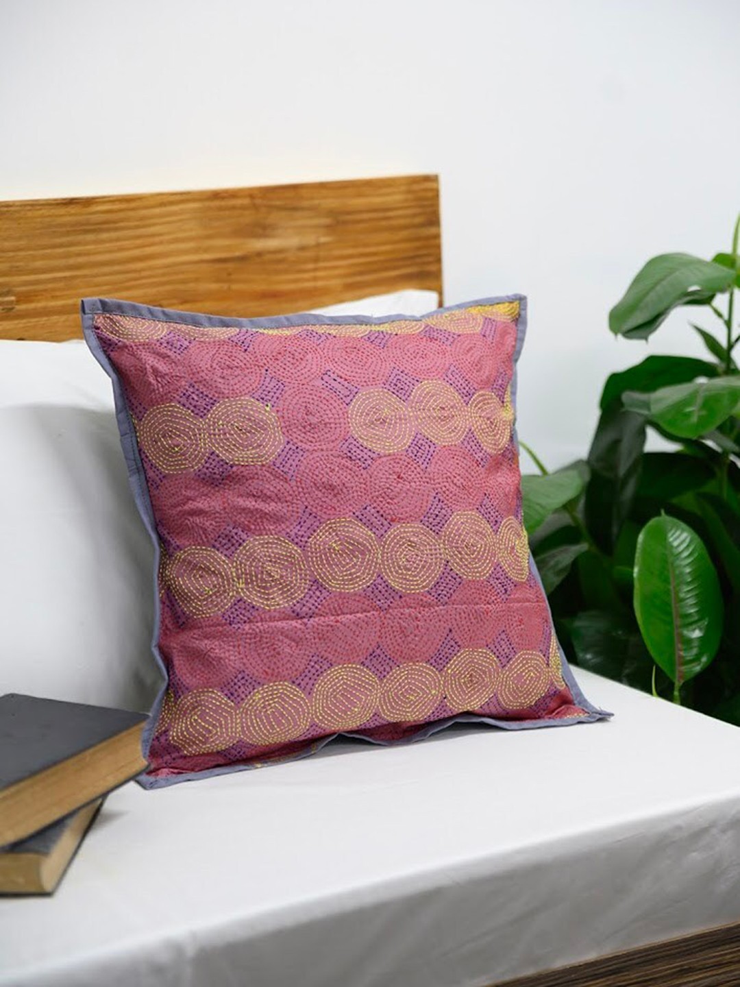

ArtEastri Pink & Purple Embroidered Silk Square Cushion Cover