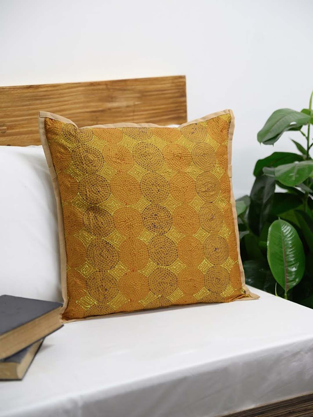 

ArtEastri Cream-Coloured & Rust Embroidered Silk Square Cushion Cover