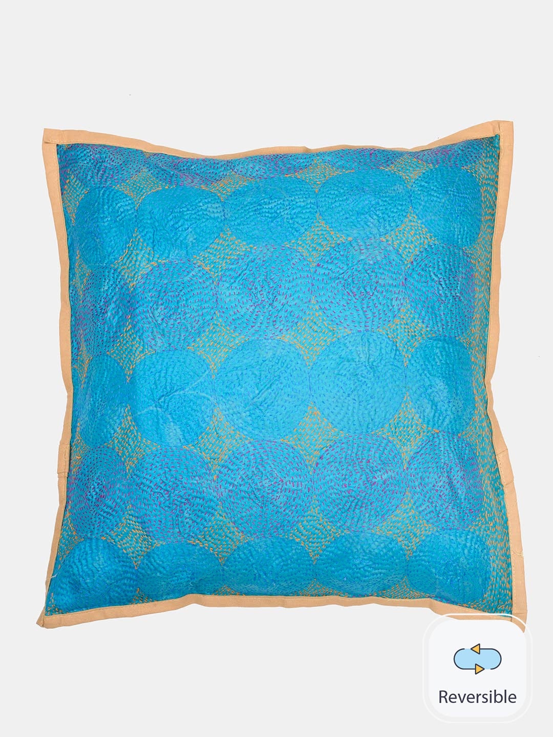 

ArtEastri Sea Green & Purple Kantha Silk Square Reversible Cushion Cover