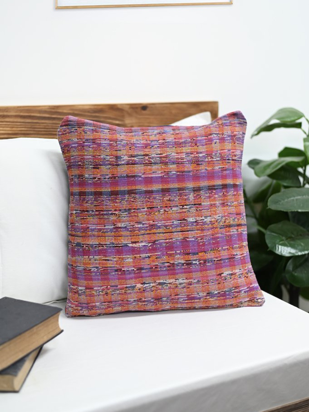 

ArtEastri Mauve & Blue Checked Cotton Khesh Square Cushion Cover