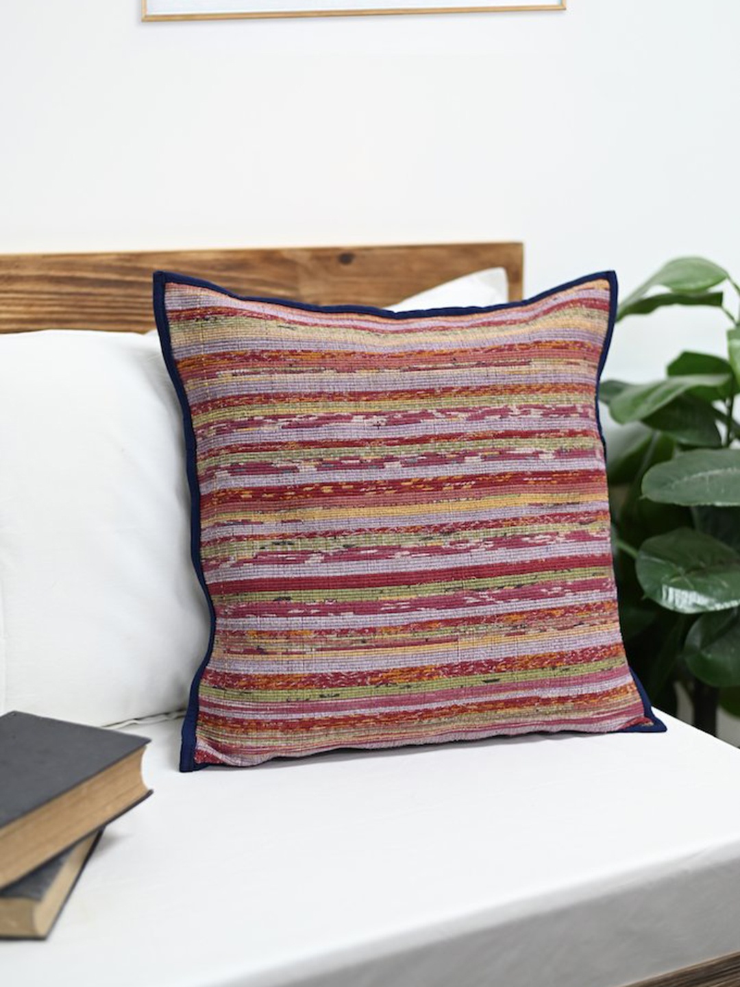 ArtEastri Blue & Pink Striped Cotton Khesh Square Cushion Cover