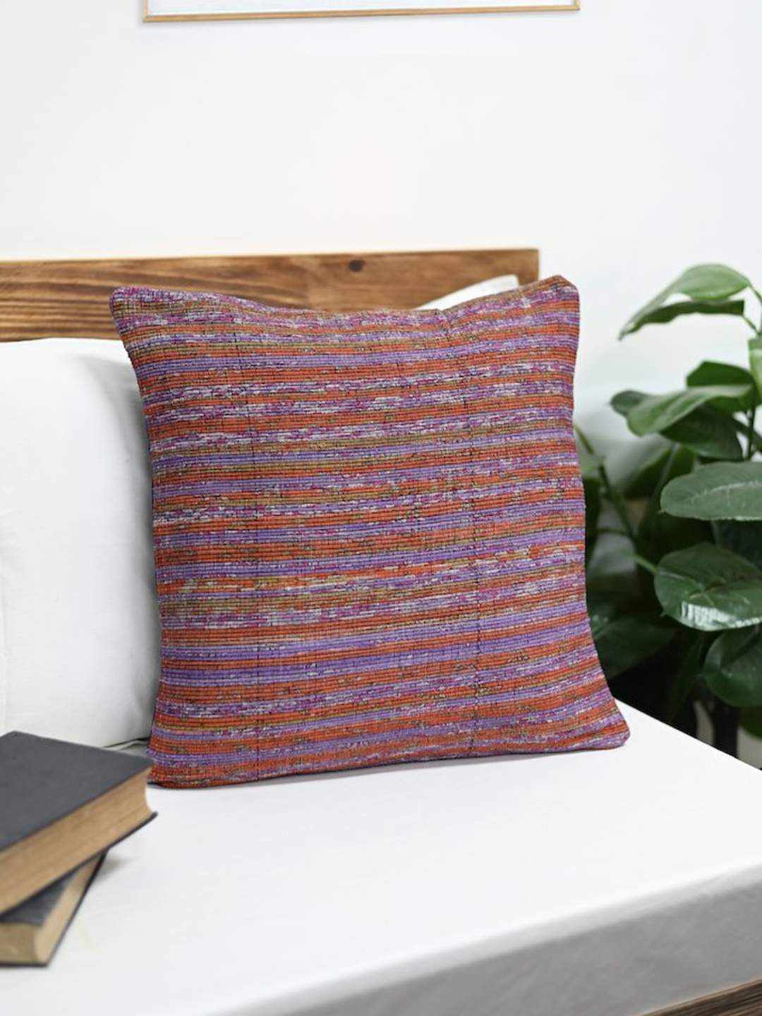 

ArtEastri Mauve & Blue Striped Cotton Khesh Square Cushion Cover