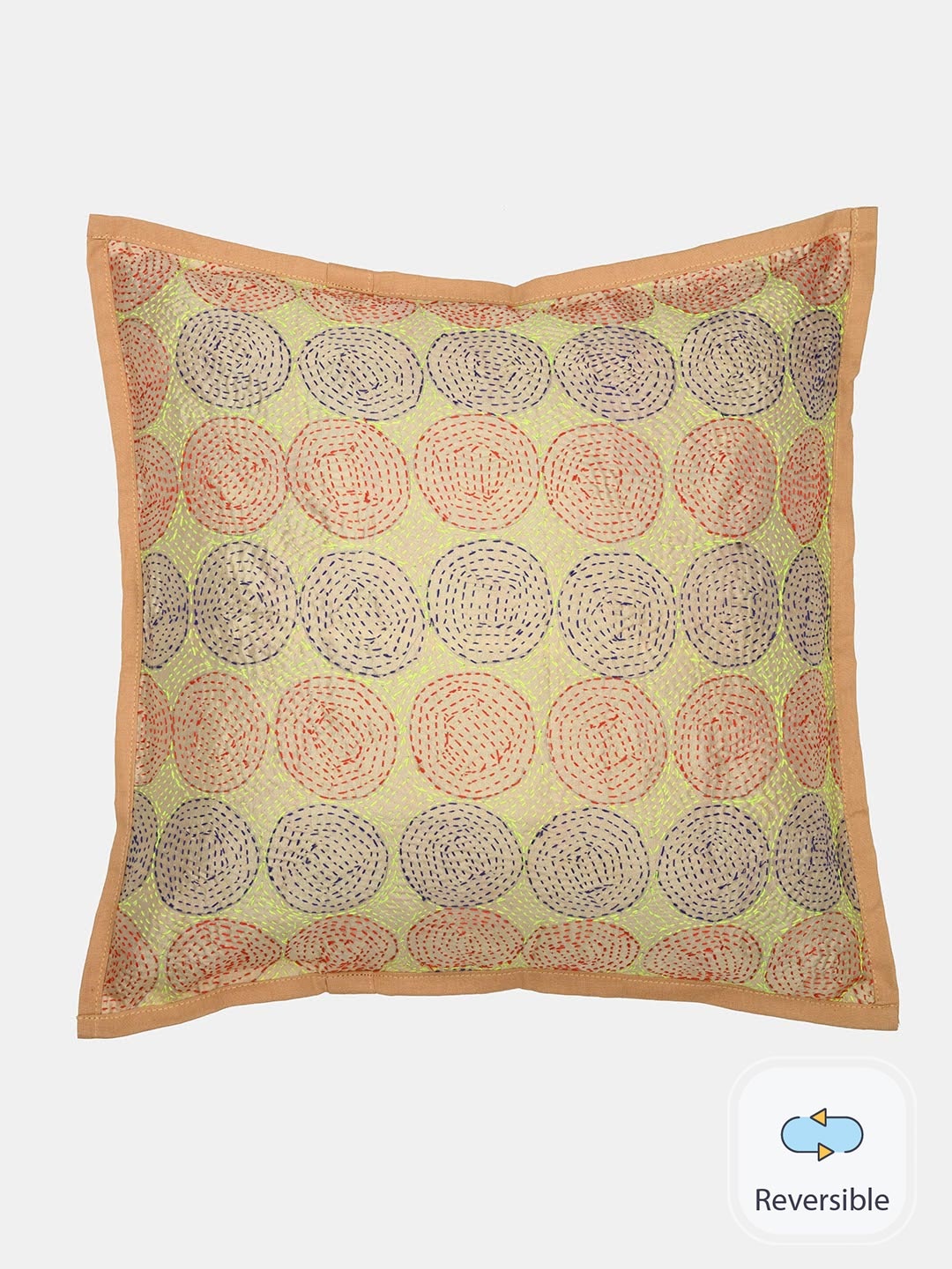 

ArtEastri Beige & Green Embroidered Kantha Silk Square Reversible Cushion Cover