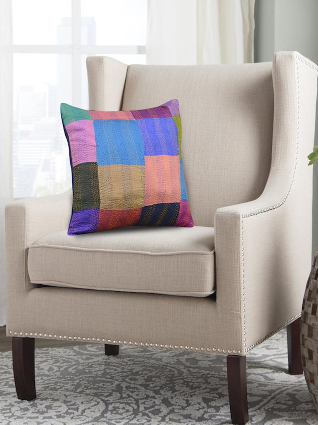 

ArtEastri Blue & Black Embroidered Silk Square Cushion Cover