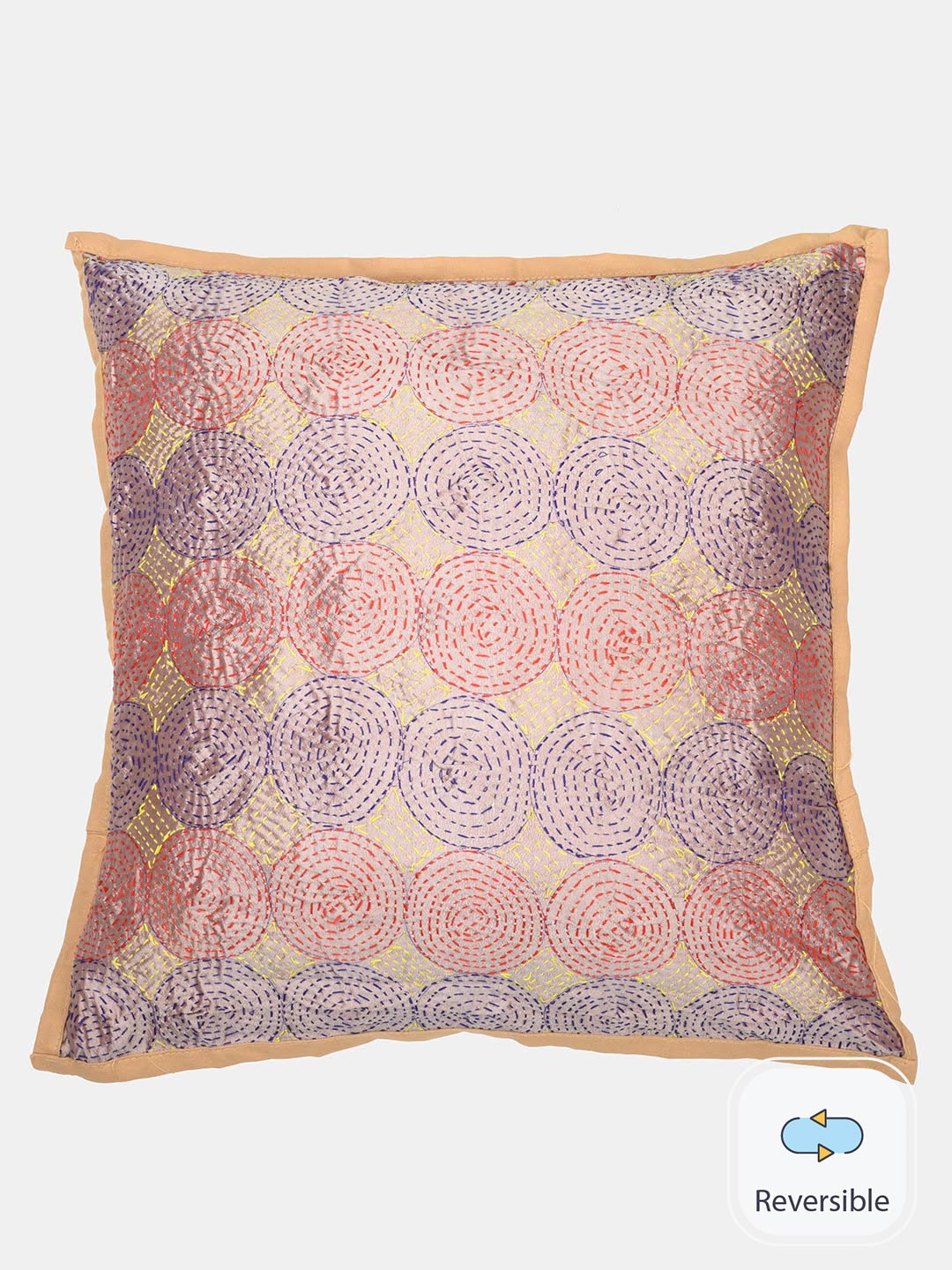 

ArtEastri Beige & Purple Kantha Silk Square Reversible Cushion Cover