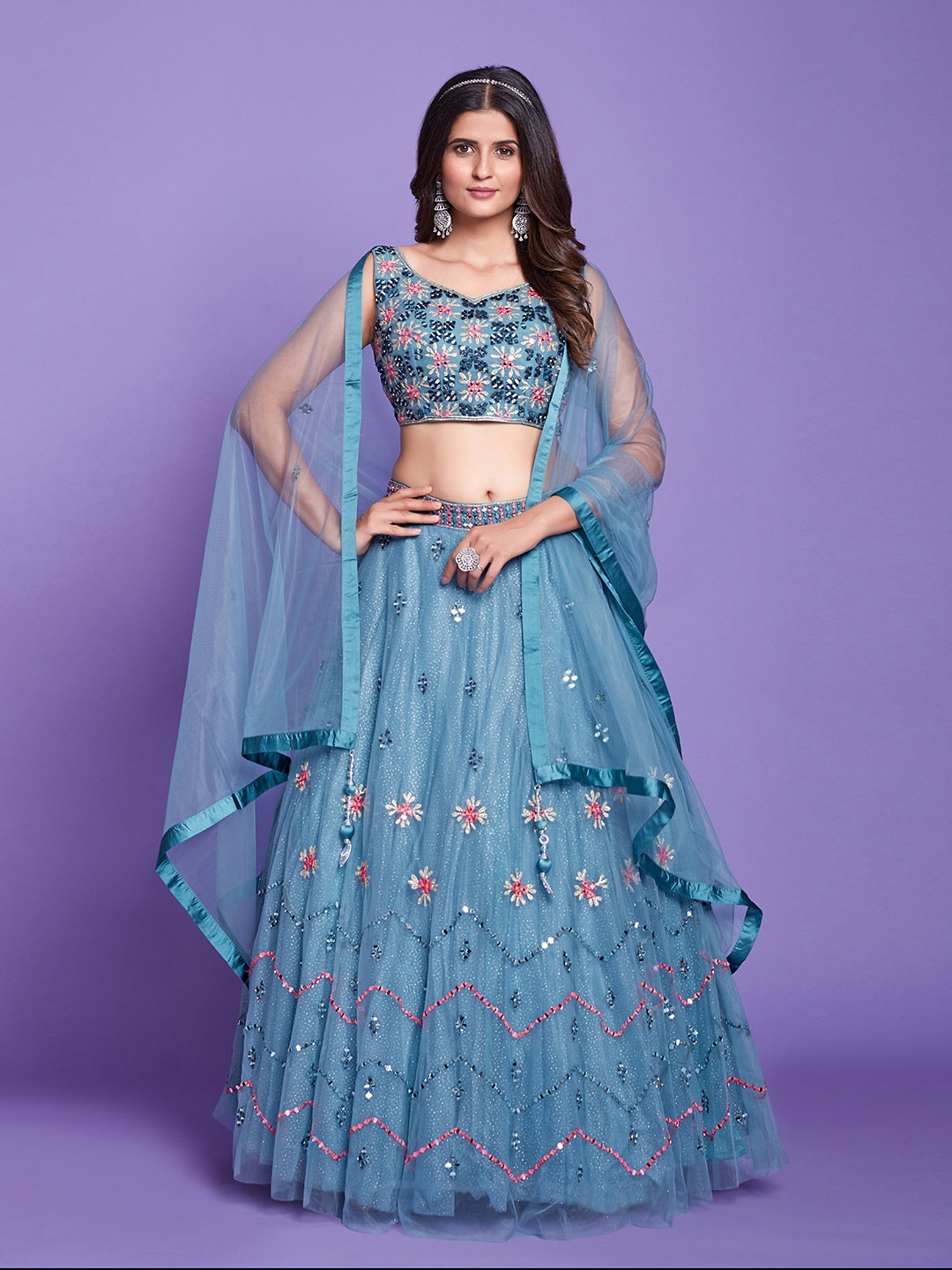 

Fusionic Embroidered Thread Work Ready to Wear Lehenga & Blouse With Dupatta, Blue