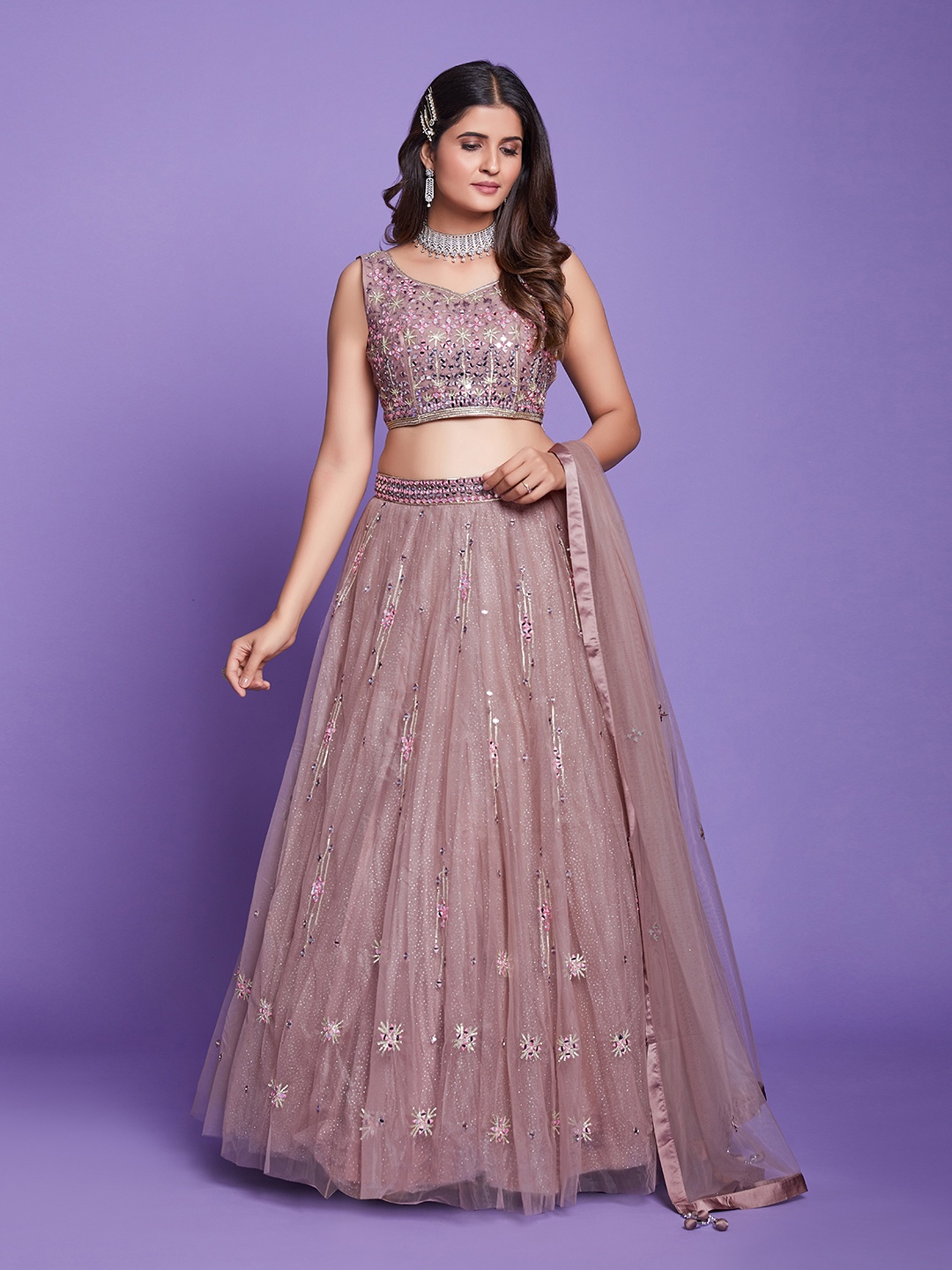 

Fusionic Embroidered Thread Work Ready to Wear Lehenga & Blouse With Dupatta, Mauve