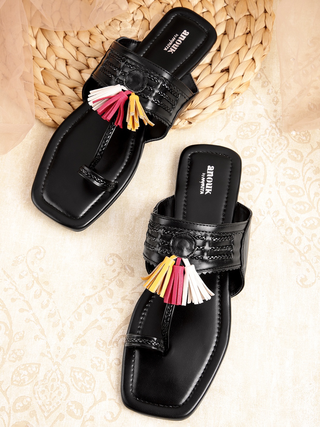 

Anouk Women Braided Detail Handcrafted Ethnic One Toe Flats with Tassels, Black