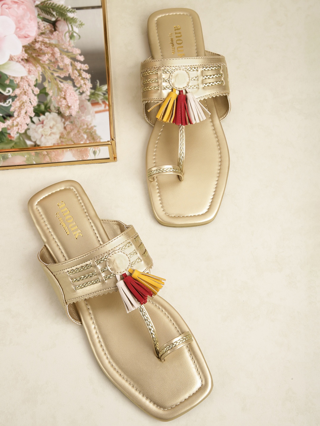 

Anouk Women Braided Detail Handcrafted Ethnic One Toe Flats with Tassels, Gold