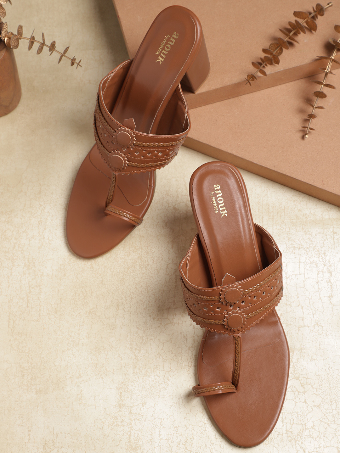 

Anouk Braided Detail Handcrafted Ethnic Block Heels, Tan