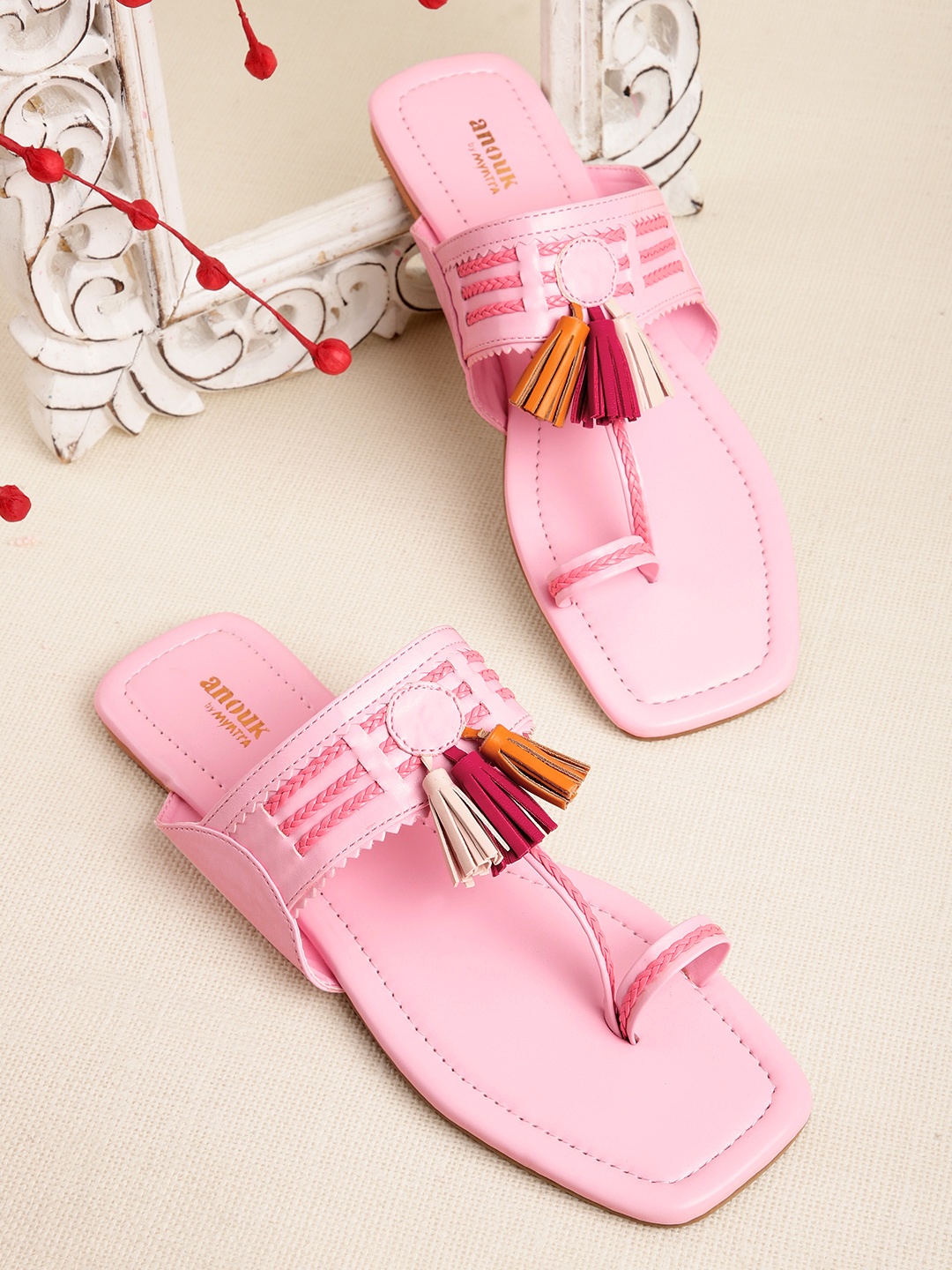 

Anouk Women Braided Detail Handcrafted Ethnic One Toe Flats with Tassels, Pink