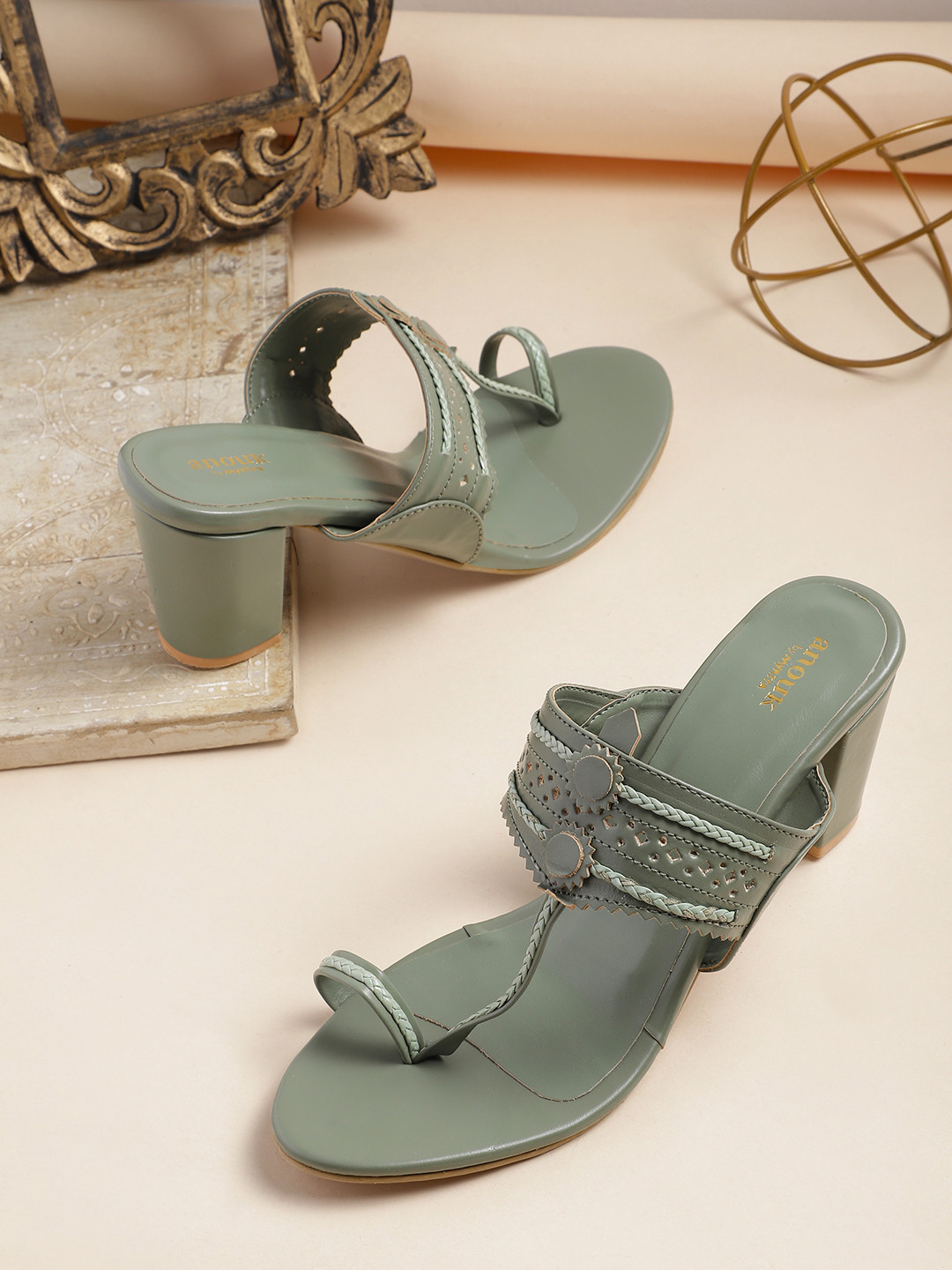 

Anouk Woven Ethnic Block Heels, Green