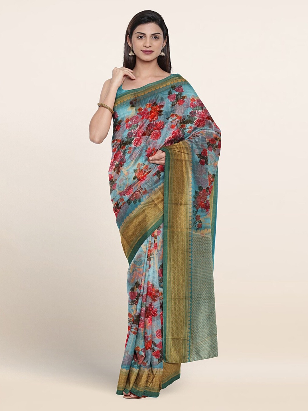 

Pothys Floral Printed Zari Saree, Blue