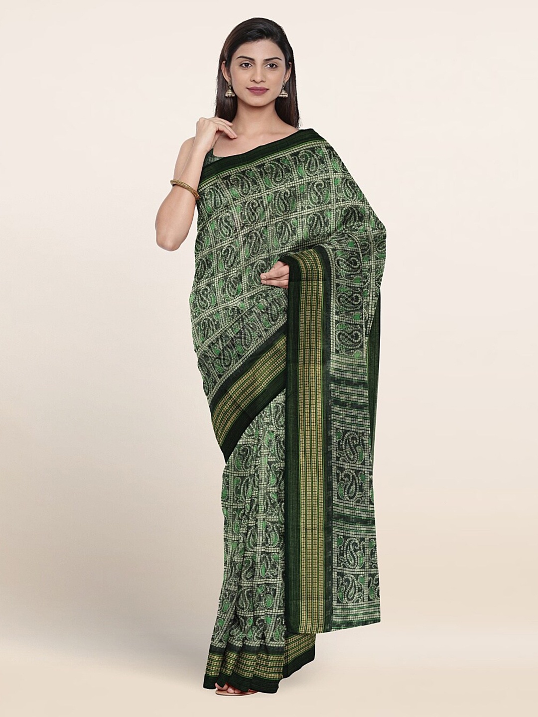 

Pothys Paisley Printed Zari Saree, Green