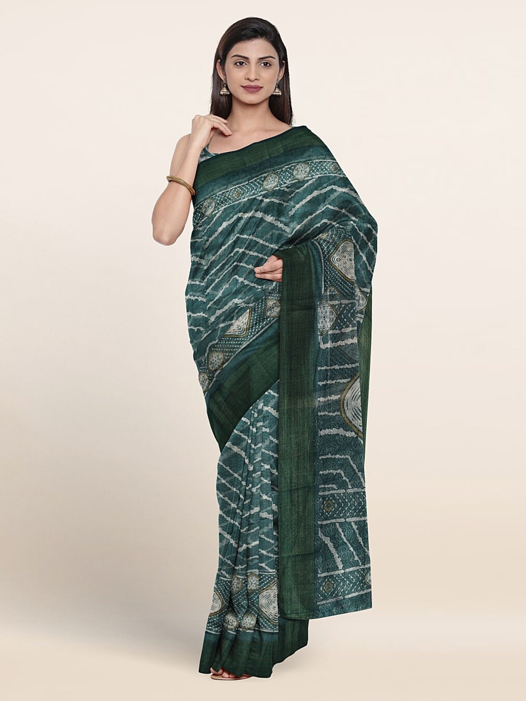 

Pothys Geometric Printed Zari Saree, Green