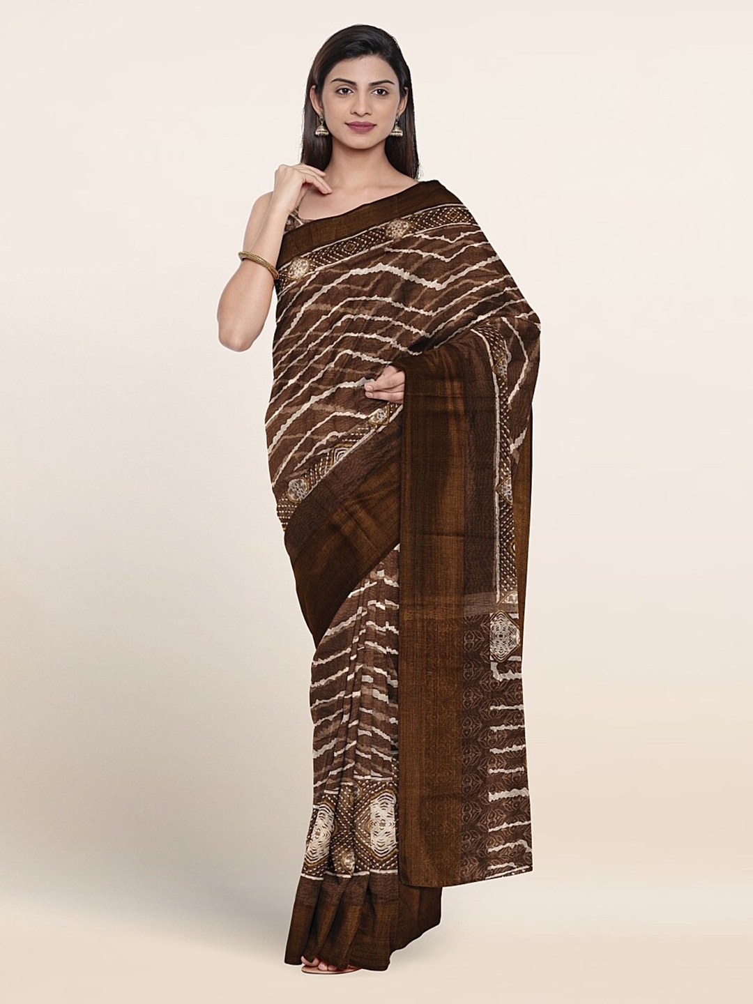 

Pothys Geometric Printed Zari Saree, Brown