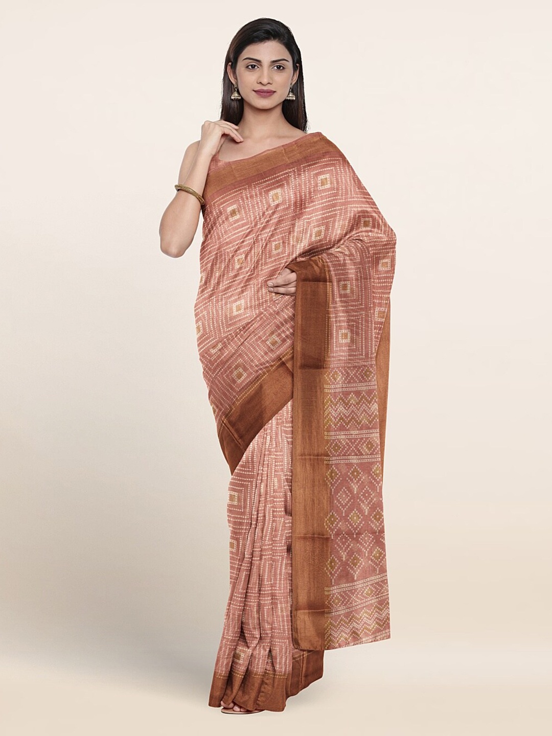 

Pothys Geometric Printed Zari Saree, Peach