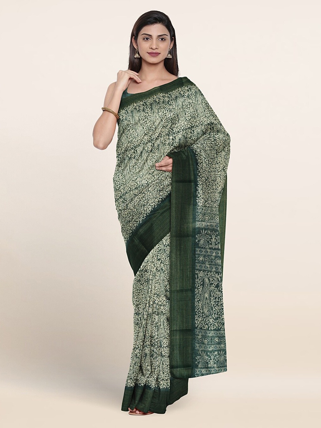 

Pothys Ethnic Motifs Printed Zari Saree, Green