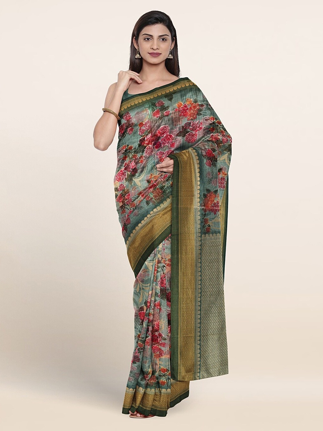 

Pothys Floral Printed Zari Saree, Green