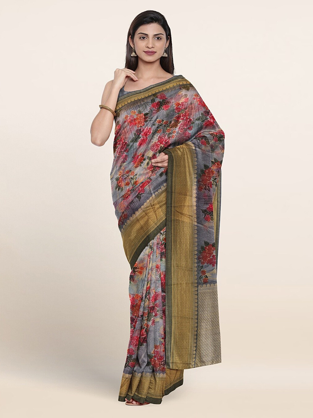 

Pothys Floral Printed Zari Saree, Grey