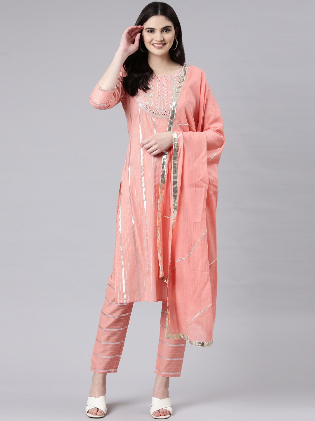 

KALINI Embroidered Mirror Work Pure Cotton Kurta With Trousers & Dupatta, Peach