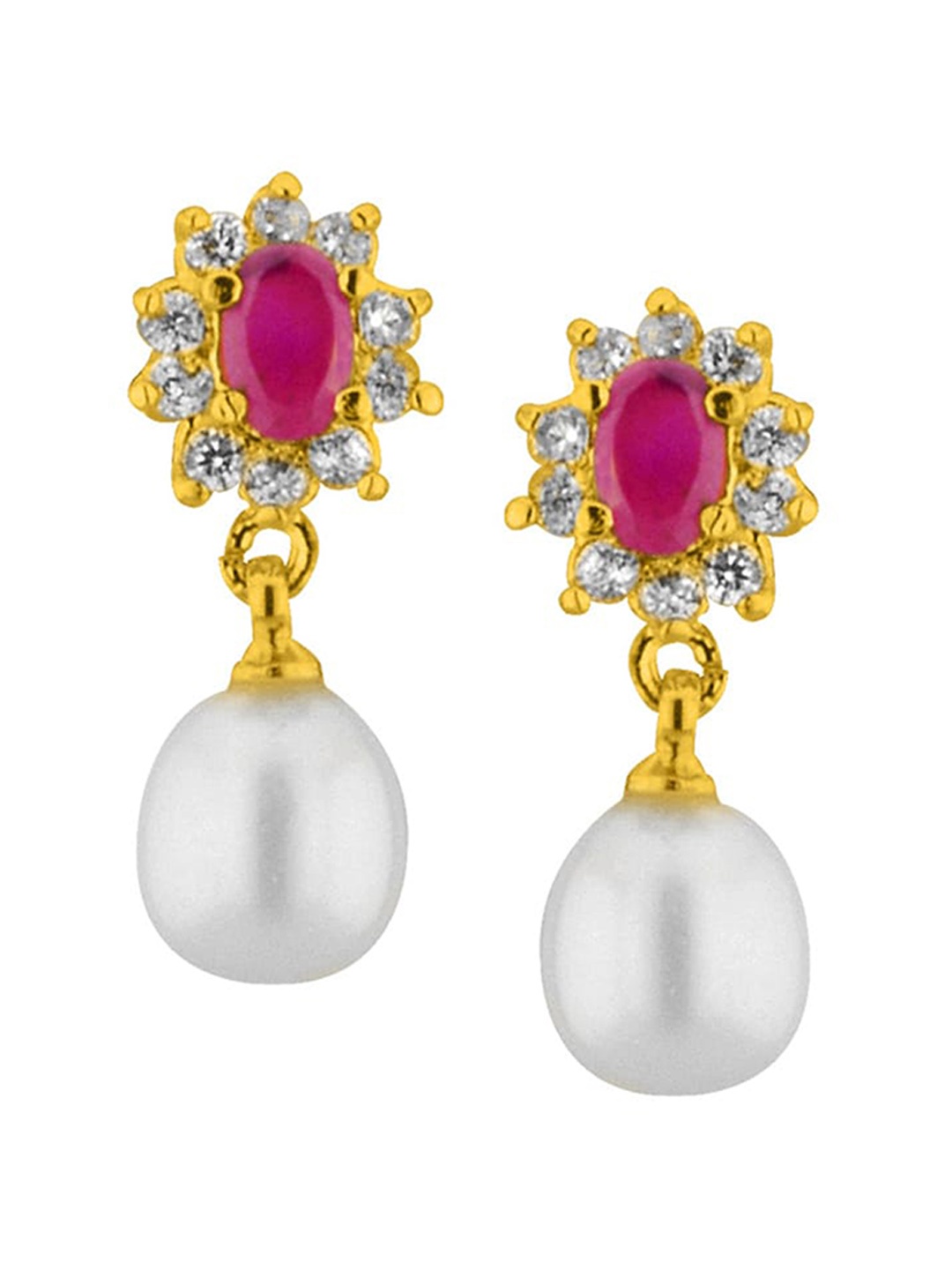 

Sri Jagdamba Pearls Dealer Gold-Plated Pearls & Stone-Studded Floral Drop Earrings