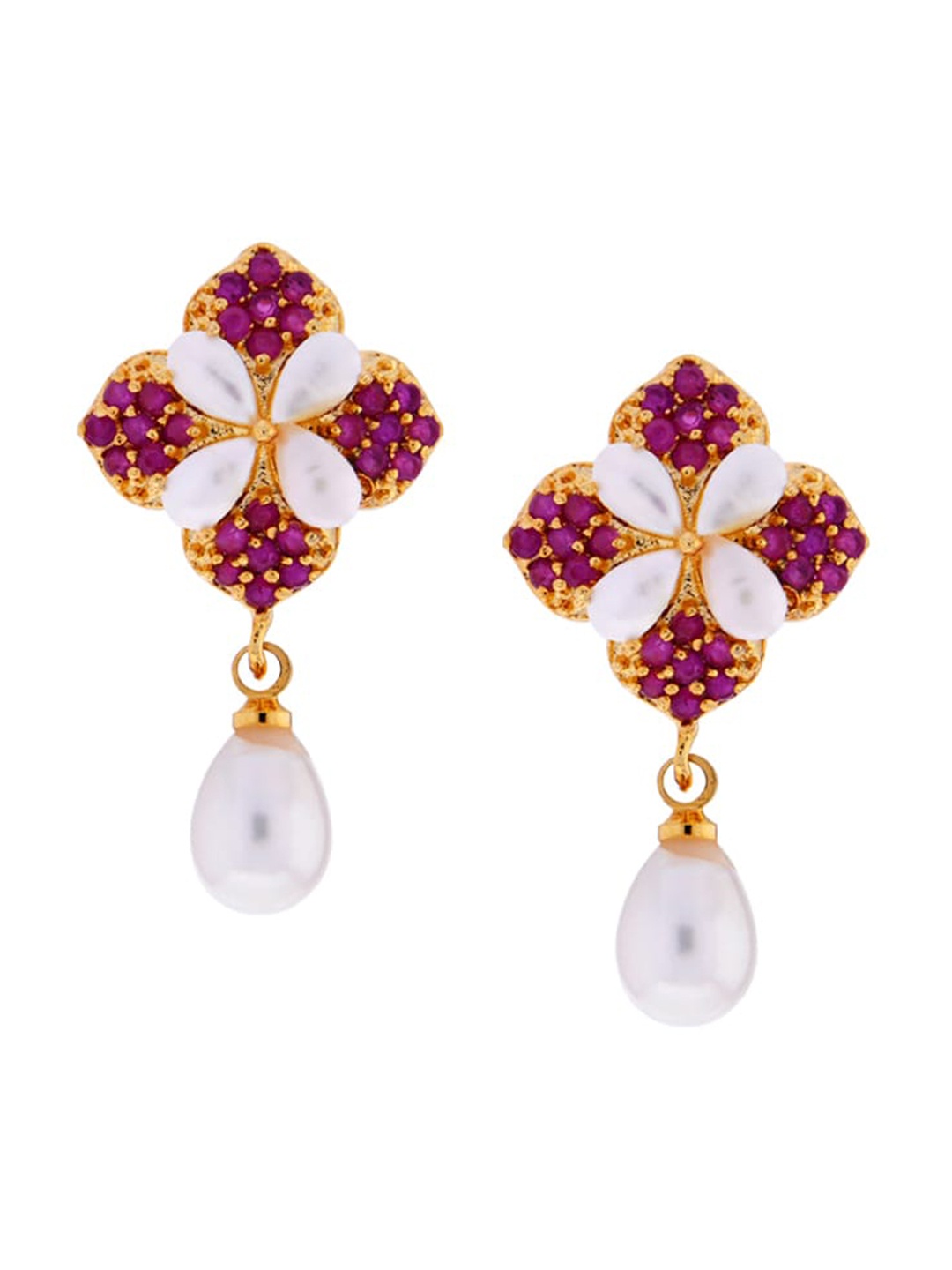 

Sri Jagdamba Pearls Dealer Gold-Plated Stone-Studded & Beaded Floral Drop Earrings