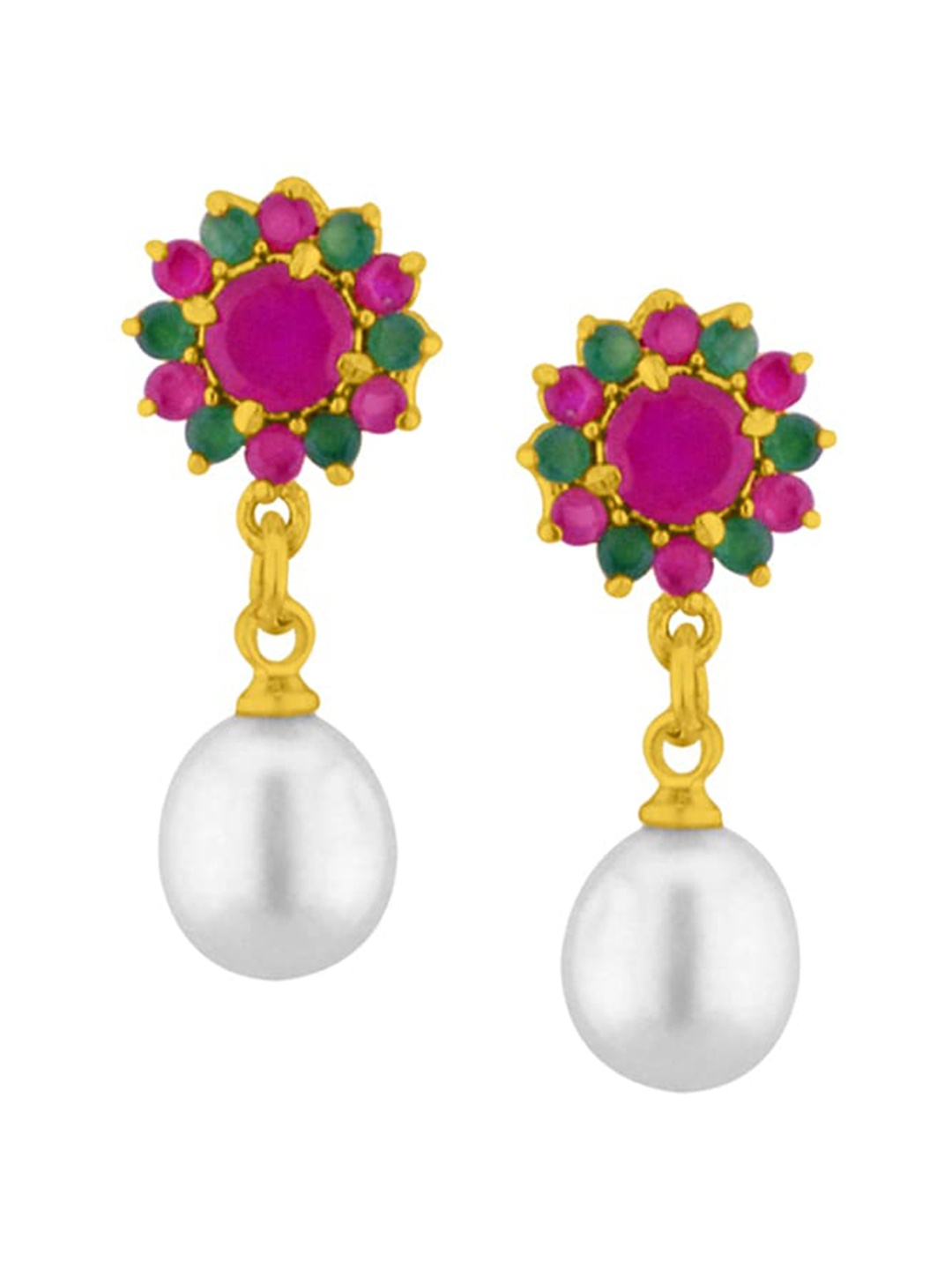 

Sri Jagdamba Pearls Dealer Gold-Plated Pearls Stone-Studded Floral Drop Earrings